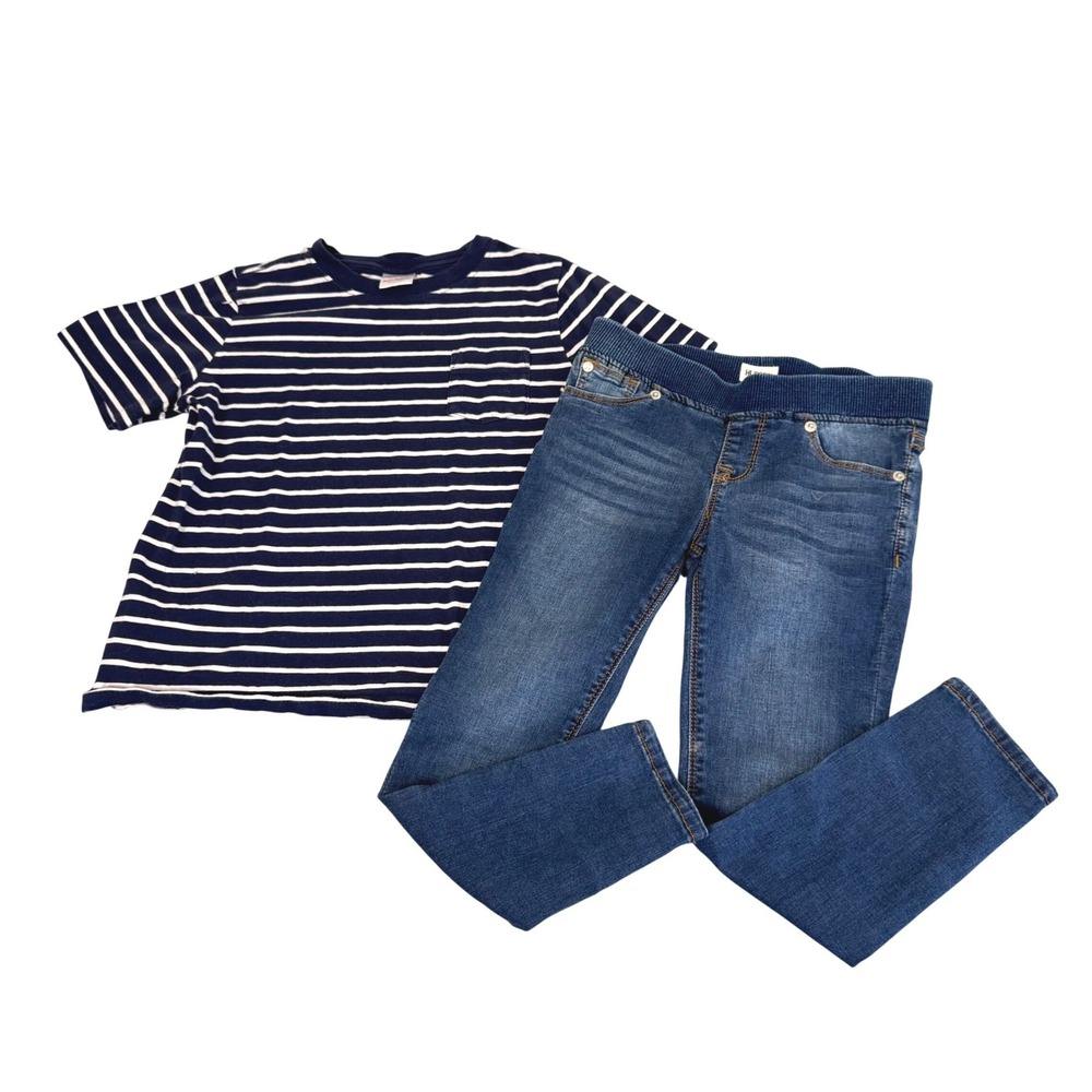 Hanna Andersson Hudson Outfit Bundle Set 6-7 Striped Cotton Tee Denim Jeans Blue